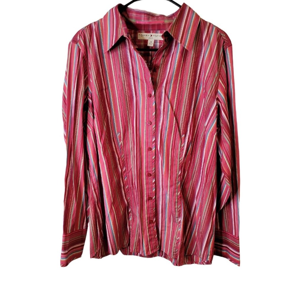 Tommy Hilfiger Size 16 Womens Top Pink Striped Button Front Long Sleeve Shirt